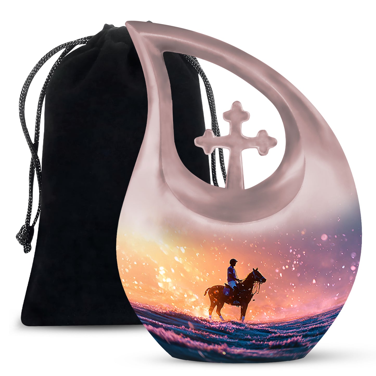 Ruby Red Horse Polo Cremation Urn top-down view of secure threaded lid - devotional cross-drop horse polo engraving - full-size 10 inch 200 cubic inch adult cremation urn