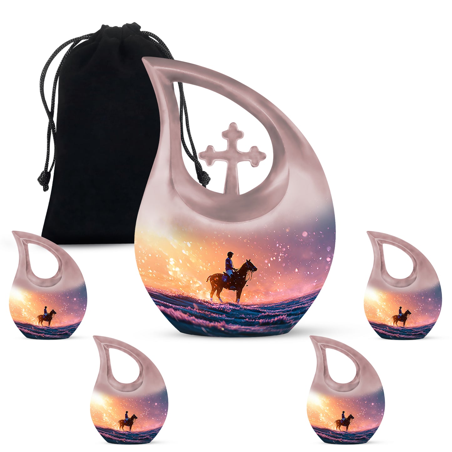 Scarlet Red Horse Polo Cremation Urn urn with complimentary velvet bag - faith-inspired cross-drop urn with horse polo pattern - memorial set with one large and four small urns