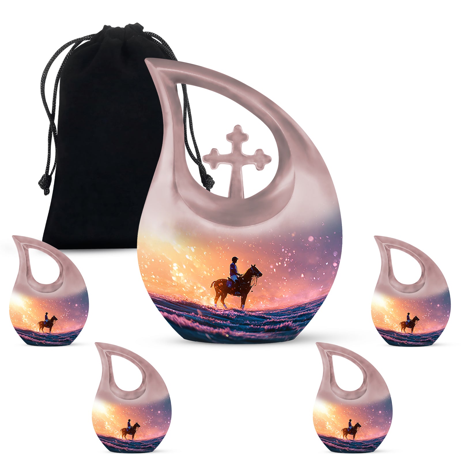 Scarlet Red Horse Polo Cremation Urn urn with complimentary velvet bag - faith-inspired cross-drop urn with horse polo pattern - memorial set with one large and four small urns