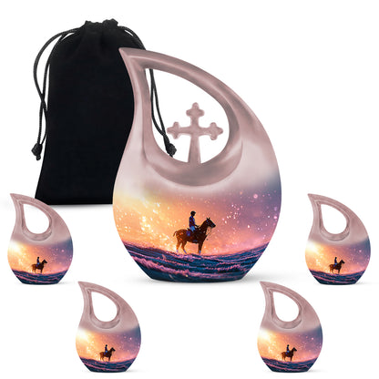 Scarlet Red Horse Polo Cremation Urn urn with complimentary velvet bag - faith-inspired cross-drop urn with horse polo pattern - memorial set with one large and four small urns