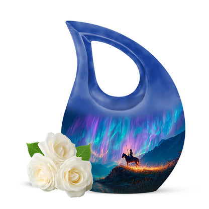 Blue Stately Horse Polo Cremation Urns for Human Ashes - 10-inch, 200 cu in - Yatskia