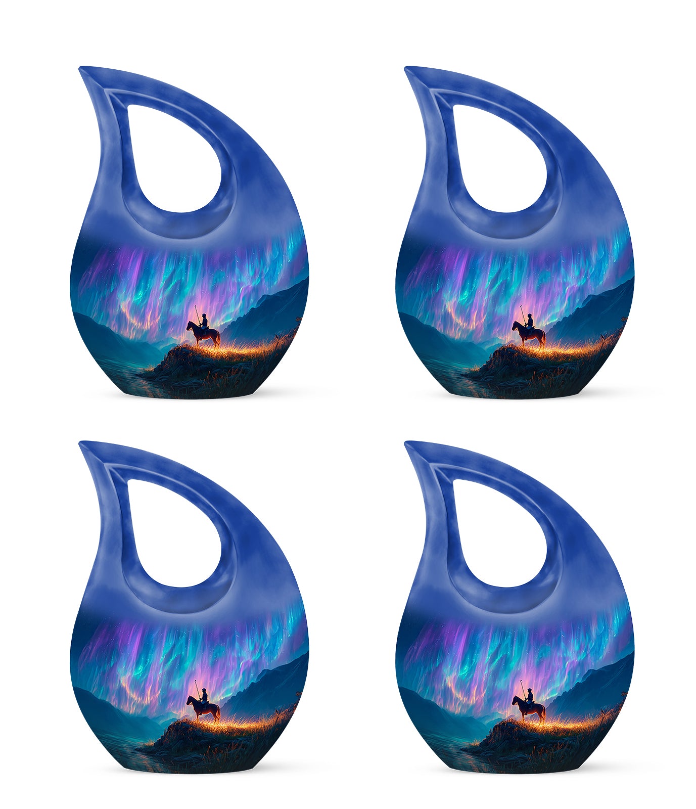 Calming Blue Horse Polo Cremation Urn lifestyle display on memorial shelf - faith-inspired cross-drop urn with horse polo pattern - 10 inch aluminum urn for cremated remains