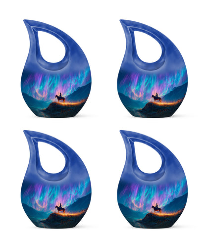 Calming Blue Horse Polo Cremation Urn lifestyle display on memorial shelf - faith-inspired cross-drop urn with horse polo pattern - 10 inch aluminum urn for cremated remains