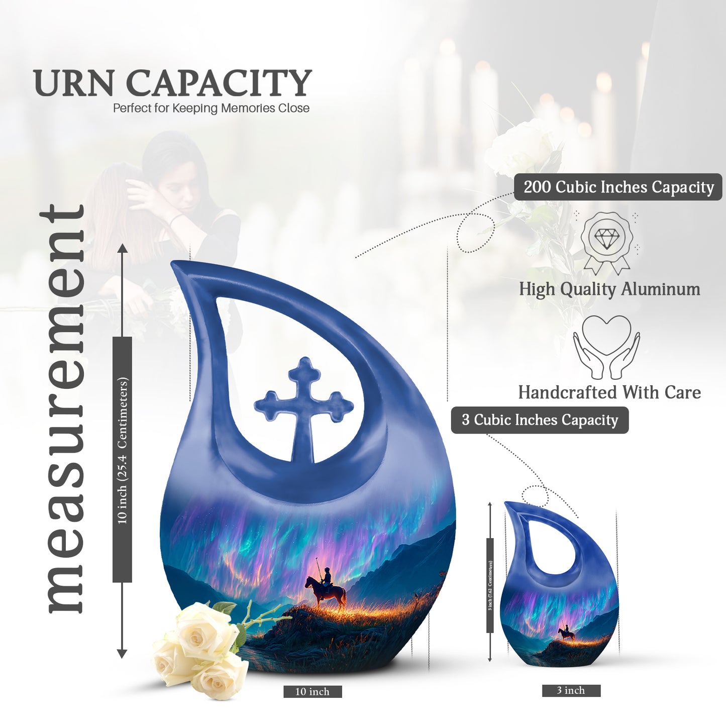 Vivid Blue Horse Polo Cremation Urn back view with polished surface - faith-inspired cross-drop urn with horse polo pattern - mini keepsake memorial for portion of cremation ashes
