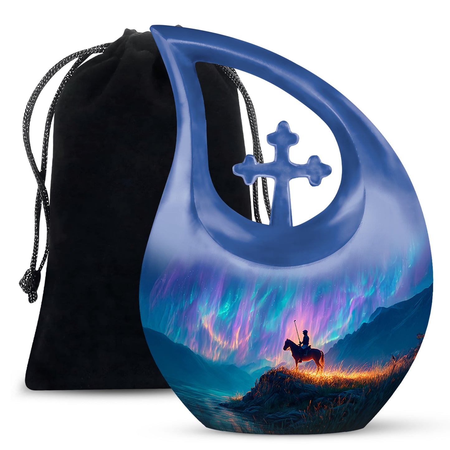 Celestial Blue Horse Polo Cremation Urn top-down view of secure threaded lid - sacred cross merged with horse polo motif on metal - full-size 10 inch 200 cubic inch adult cremation urn