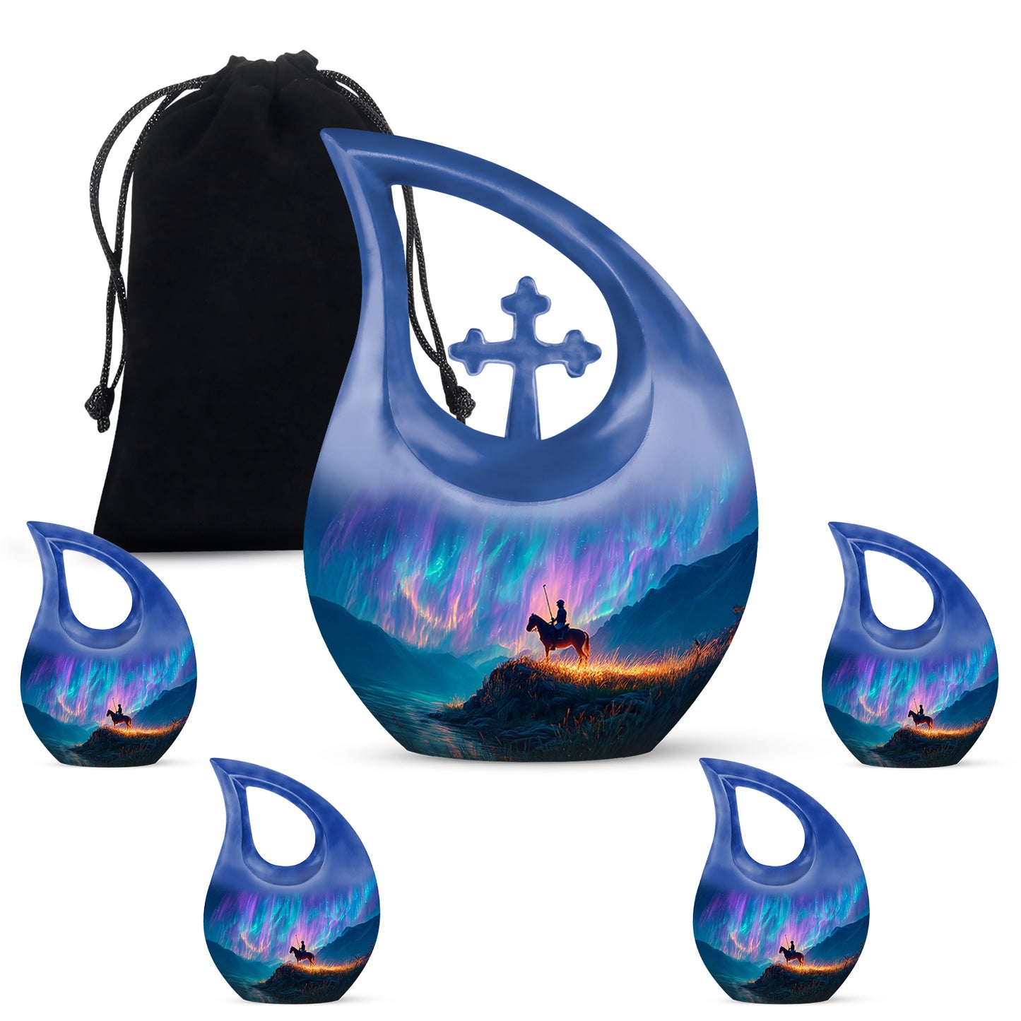 Sapphire Blue Horse Polo Cremation Urn urn with complimentary velvet bag - devotional cross-drop horse polo engraving - memorial set with one large and four small urns