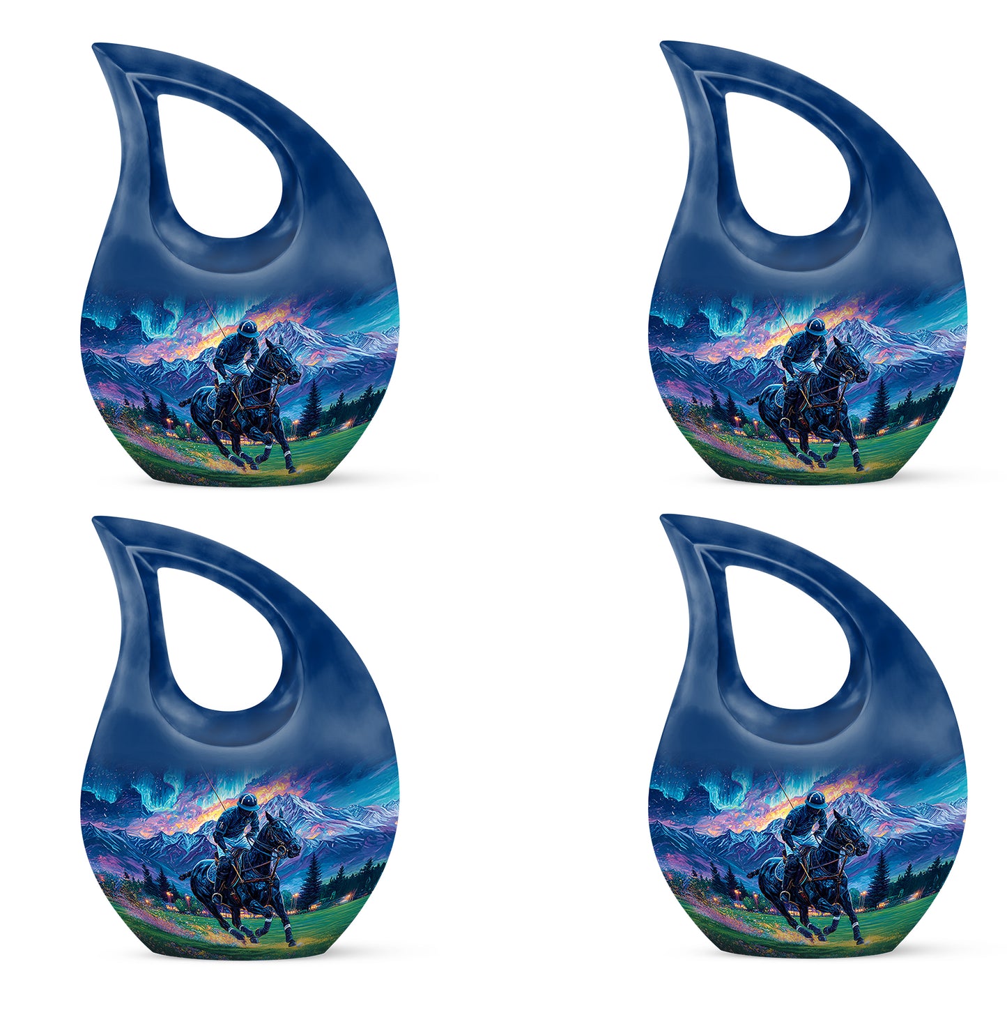 Celestial Blue Horse Polo Cremation Urn lifestyle display on memorial shelf - sacred cross merged with horse polo motif on metal - 10 inch aluminum urn for cremated remains