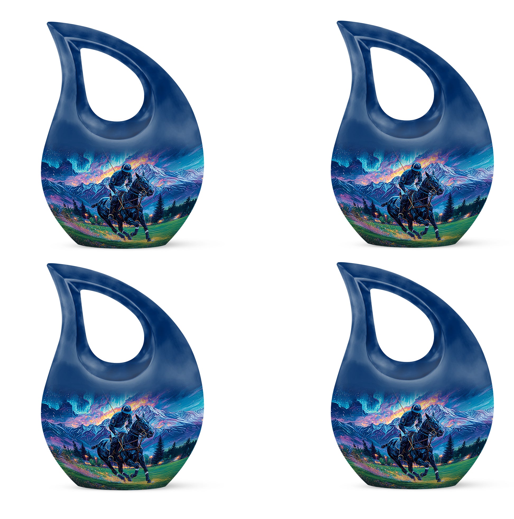 Celestial Blue Horse Polo Cremation Urn lifestyle display on memorial shelf - sacred cross merged with horse polo motif on metal - 10 inch aluminum urn for cremated remains