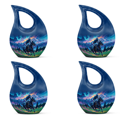 Celestial Blue Horse Polo Cremation Urn lifestyle display on memorial shelf - sacred cross merged with horse polo motif on metal - 10 inch aluminum urn for cremated remains