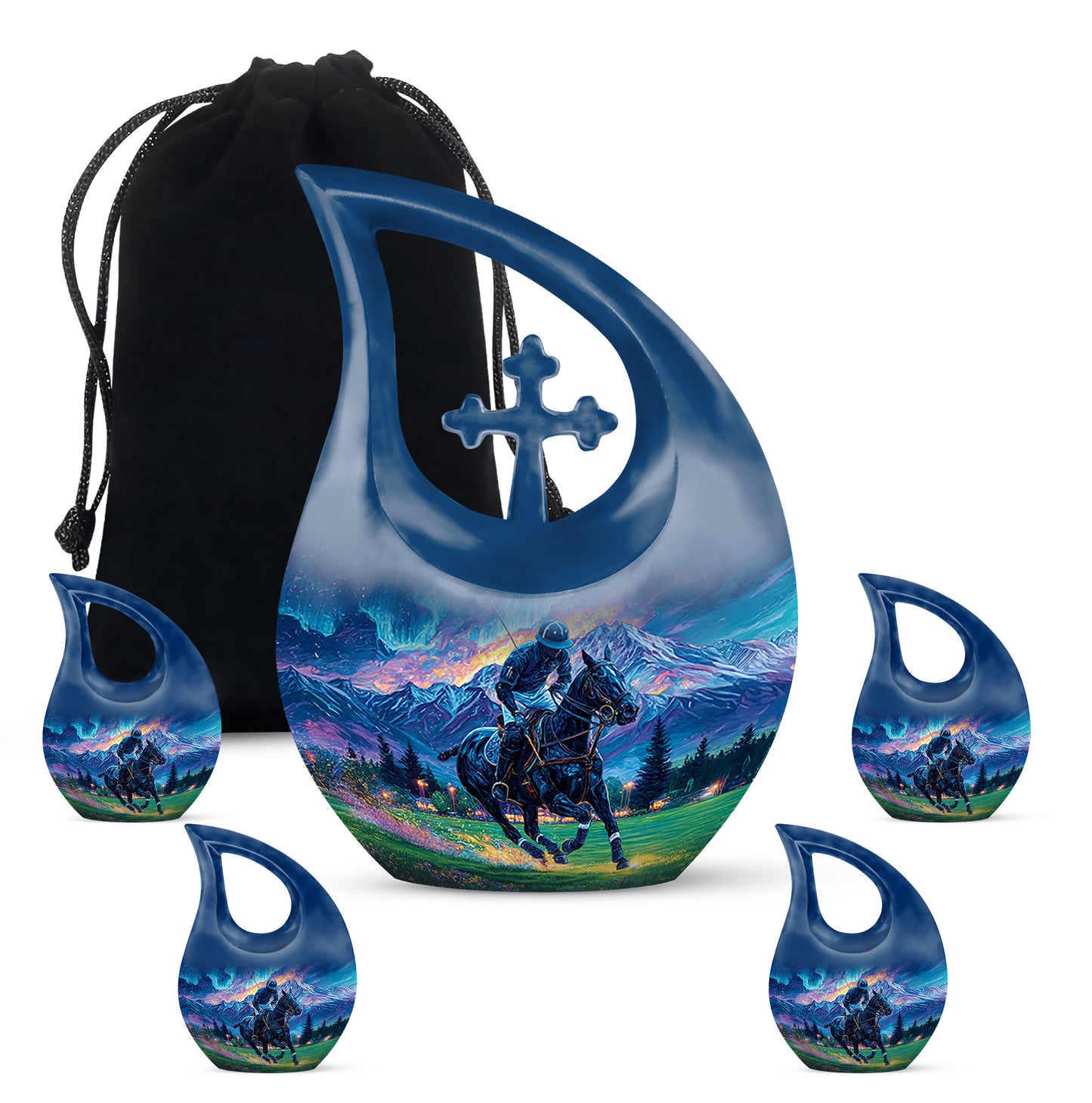 Dusty Blue Horse Polo Cremation Urn urn with complimentary velvet bag - cross and horse polo combined in spiritual memorial design - memorial set with one large and four small urns