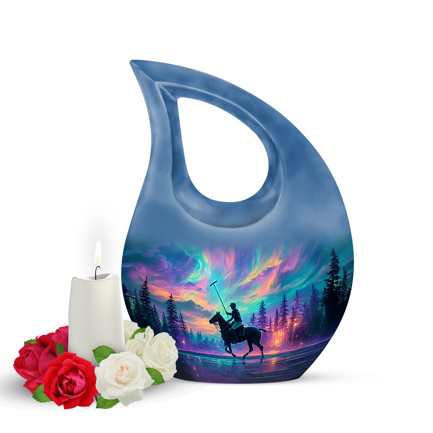 Distinguished Blue Horse Polo Cremation Urn for Ashes - 10-inch, 200 cu in - Yatskia