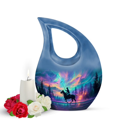 Distinguished Blue Horse Polo Cremation Urn for Ashes - 10-inch, 200 cu in - Yatskia