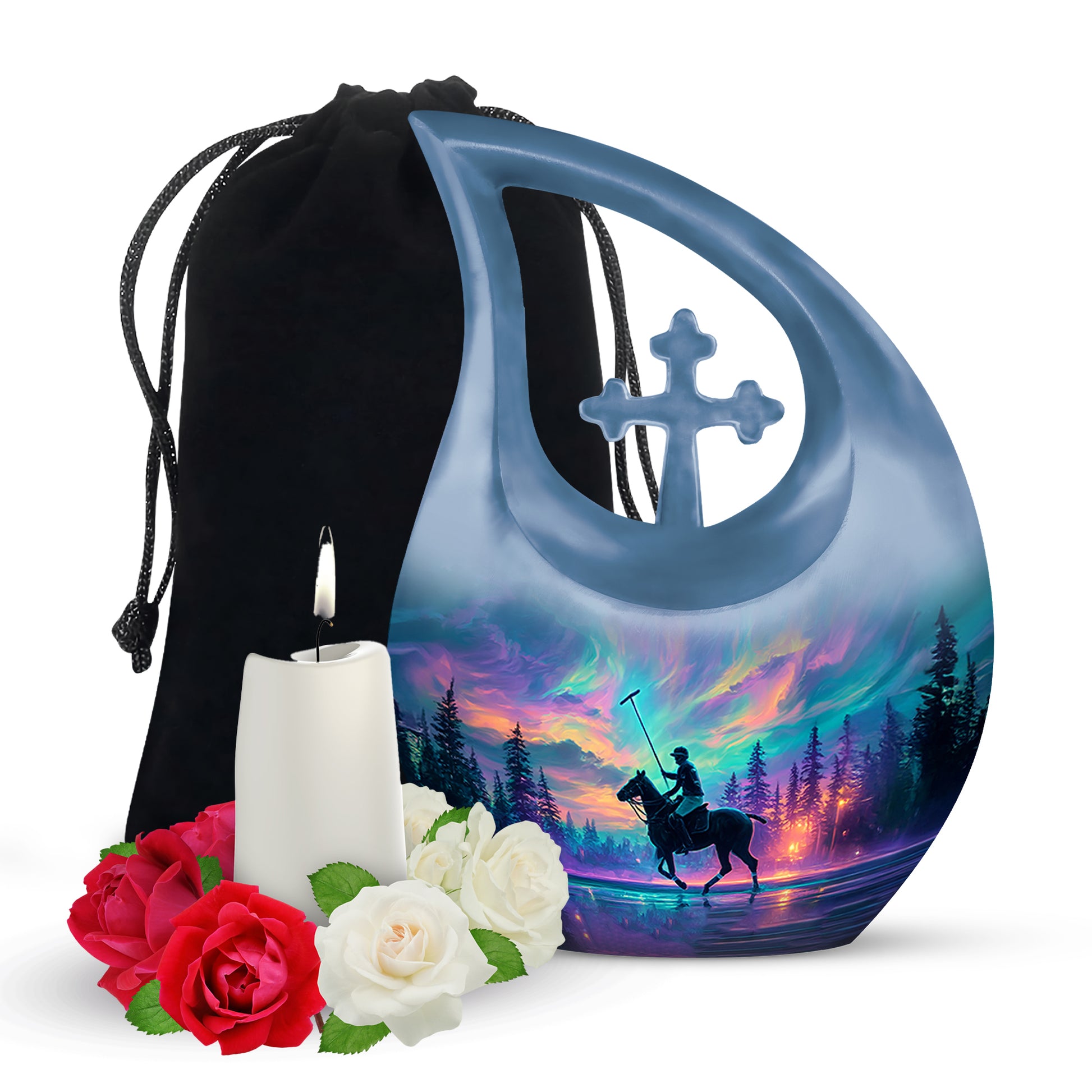 Pastel Blue Horse Polo Cremation Urn top-down view of secure threaded lid - cross and horse polo combined in spiritual memorial design - full-size 10 inch 200 cubic inch adult cremation urn