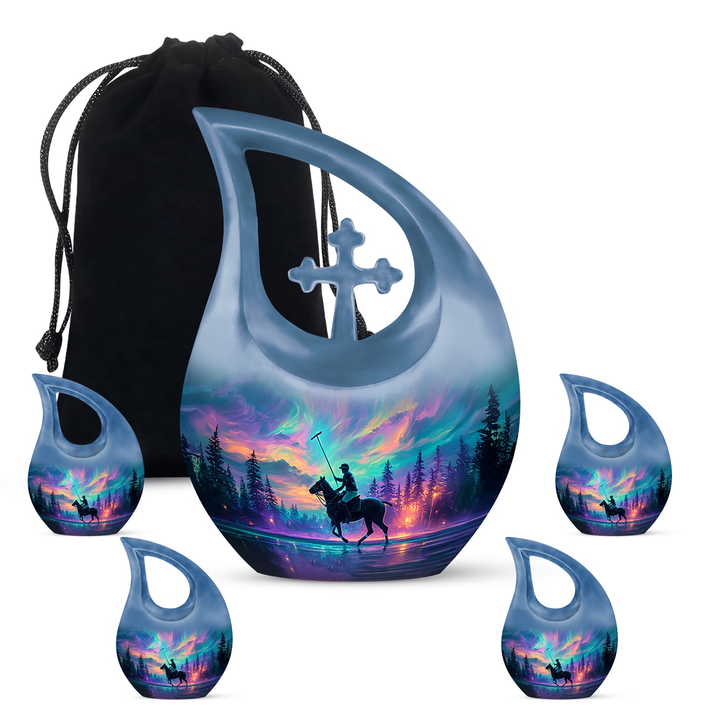Slate Blue Horse Polo Cremation Urn urn with complimentary velvet bag - cross and horse polo combined in spiritual memorial design - memorial set with one large and four small urns