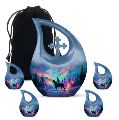 Slate Blue Horse Polo Cremation Urn urn with complimentary velvet bag - cross and horse polo combined in spiritual memorial design - memorial set with one large and four small urns
