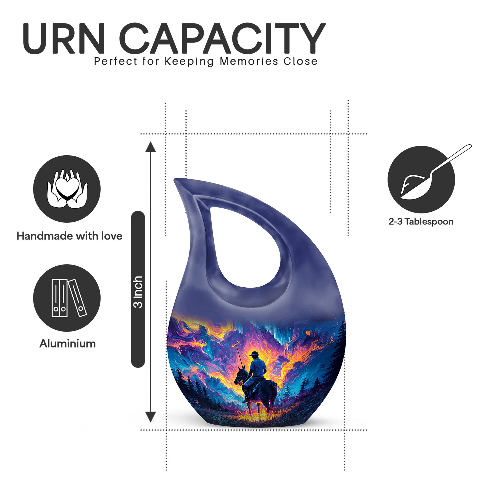 Serene Blue Horse Polo Cremation Urn back view with polished surface - faith-inspired cross-drop urn with horse polo pattern - mini keepsake memorial for portion of cremation ashes