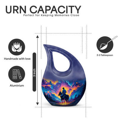 Serene Blue Horse Polo Cremation Urn back view with polished surface - faith-inspired cross-drop urn with horse polo pattern - mini keepsake memorial for portion of cremation ashes