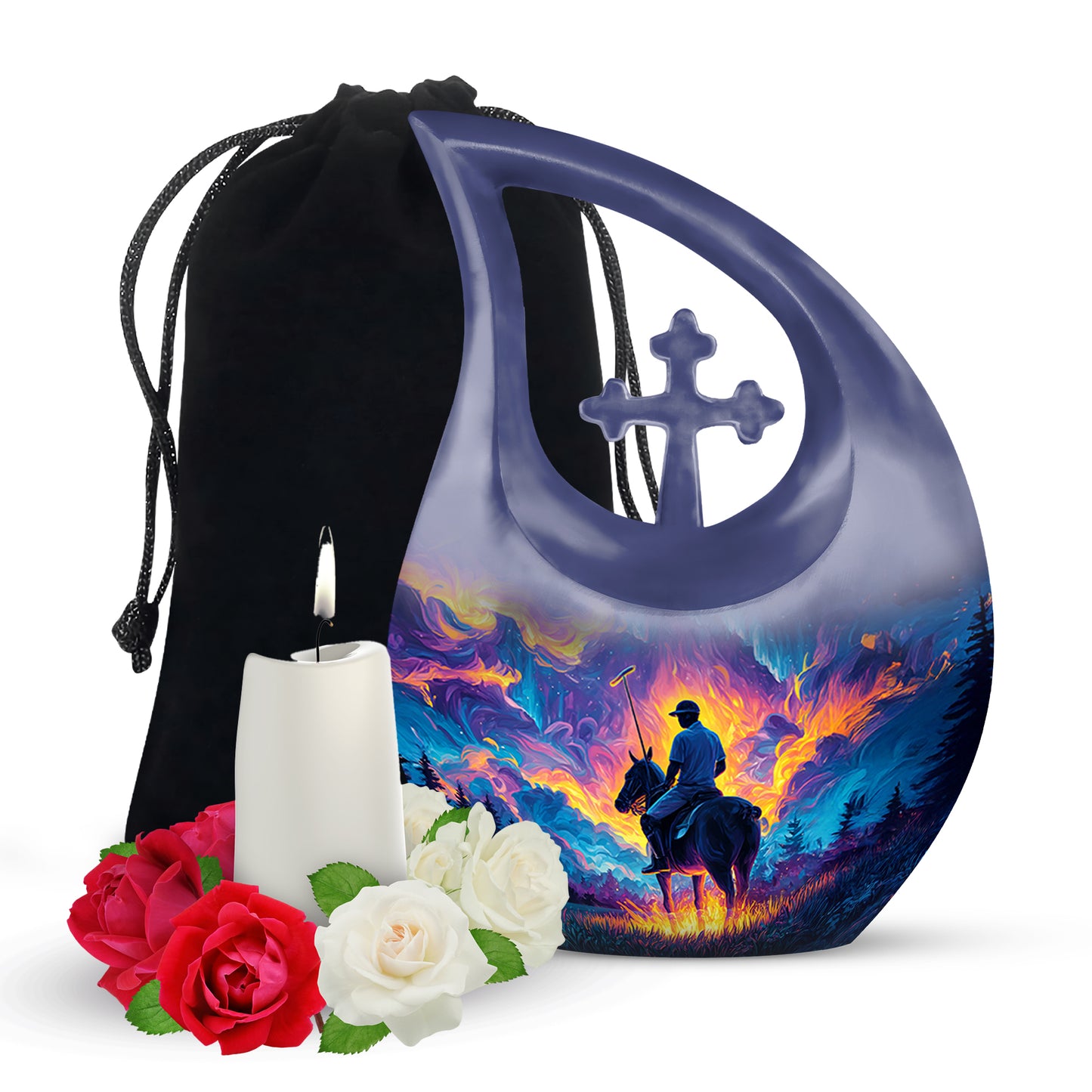 Indigo Horse Polo Cremation Urn top-down view of secure threaded lid - cross and horse polo combined in spiritual memorial design - full-size 10 inch 200 cubic inch adult cremation urn