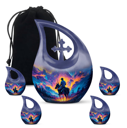 Azure Horse Polo Cremation Urn urn with complimentary velvet bag - sacred cross merged with horse polo motif on metal - memorial set with one large and four small urns