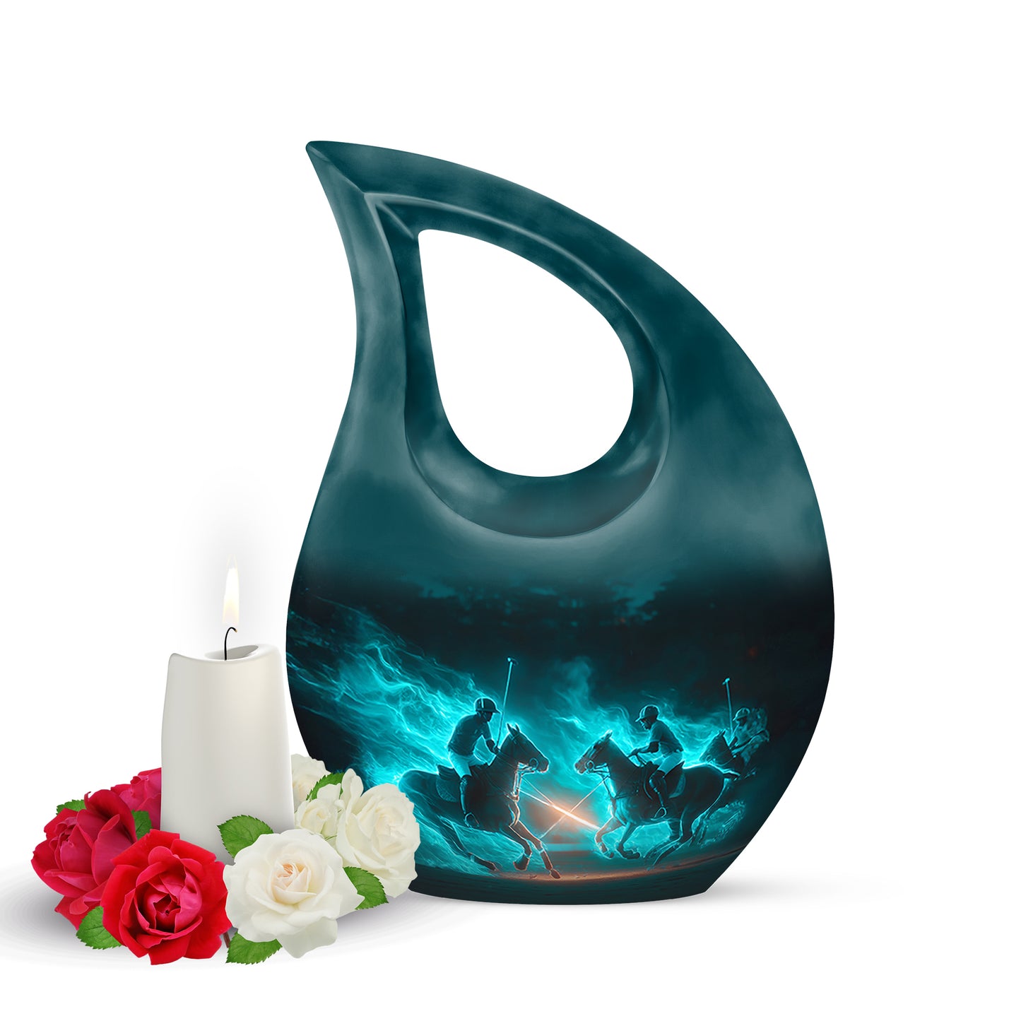 Teal Horse Polo Celebration Cremation Urns for Human Ashes - 10-inch, 200 cu in - Yatskia