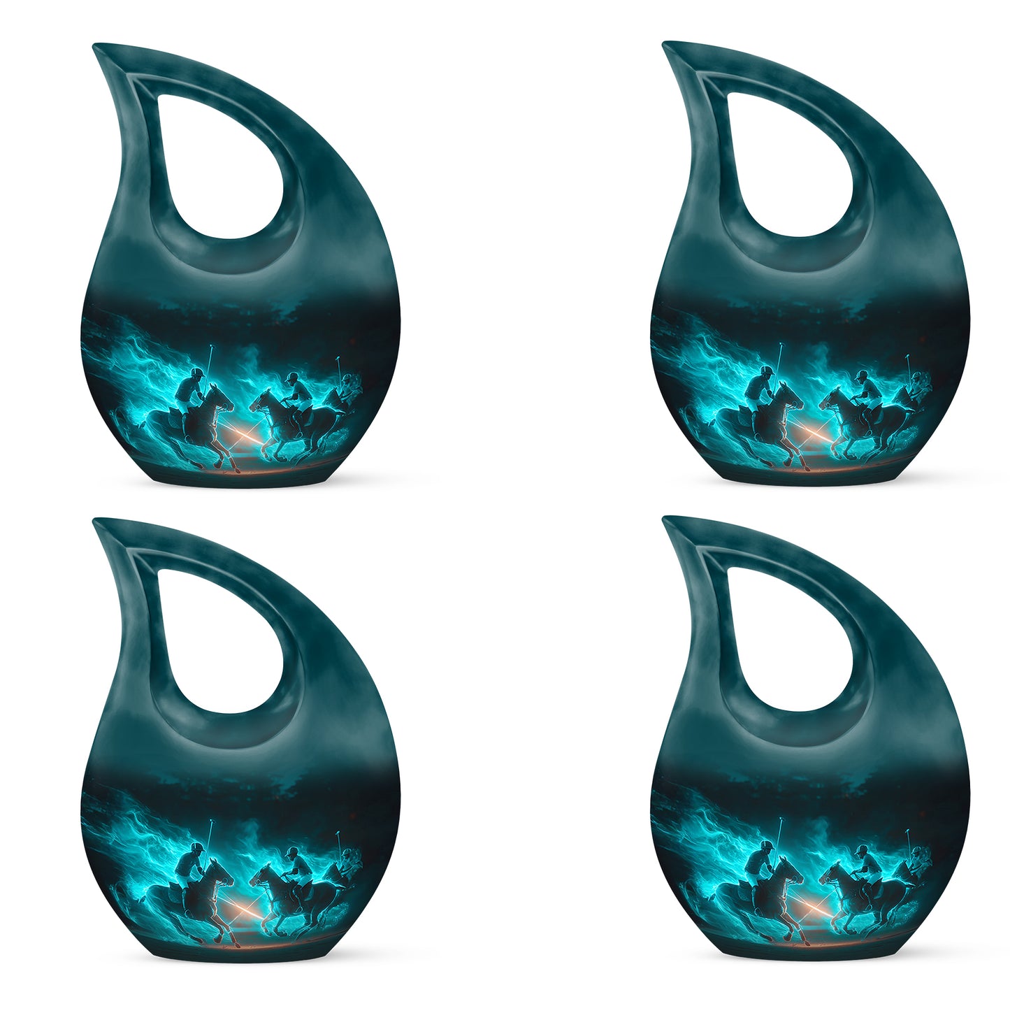 Cool Teal Horse Polo Cremation Urn lifestyle display on memorial shelf - sacred cross merged with horse polo motif on metal - 10 inch aluminum urn for cremated remains