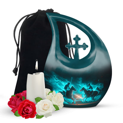 Jewel Teal Horse Polo Cremation Urn top-down view of secure threaded lid - sacred cross merged with horse polo motif on metal - full-size 10 inch 200 cubic inch adult cremation urn