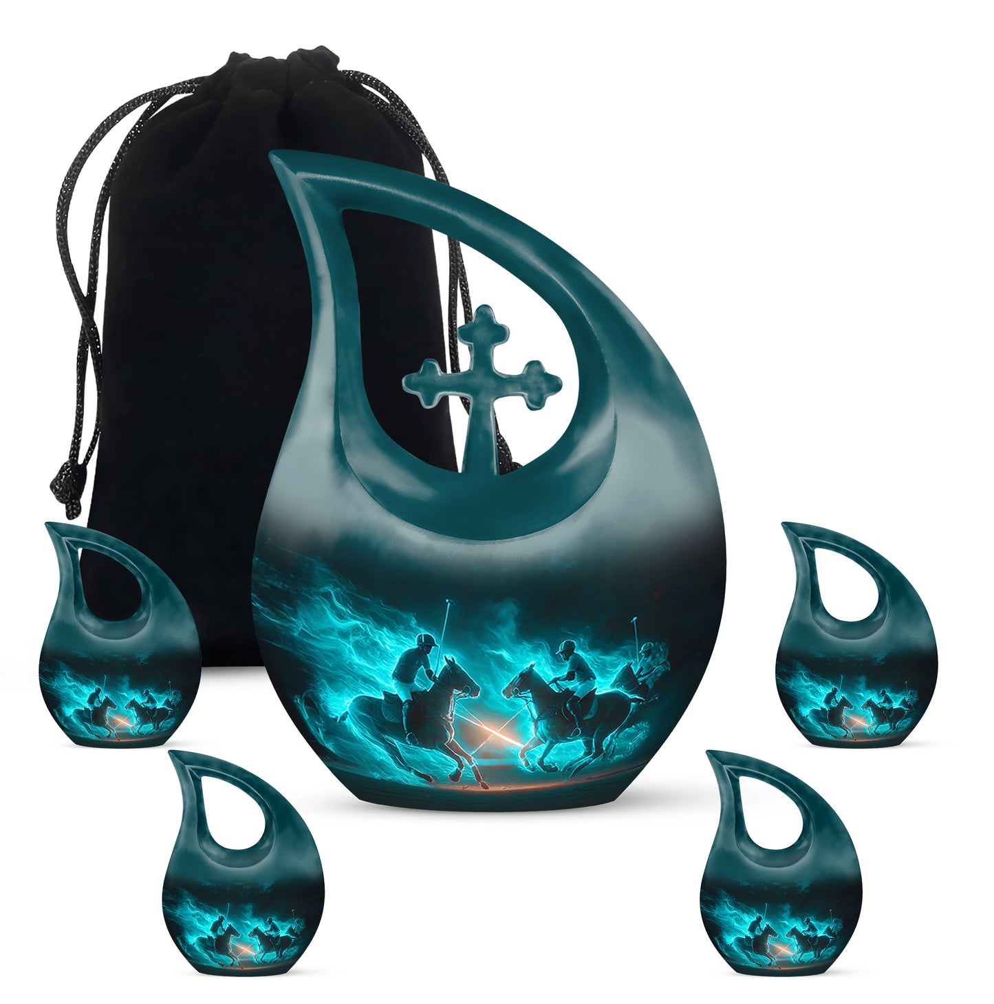 Vivid Teal Horse Polo Cremation Urn urn with complimentary velvet bag - devotional cross-drop horse polo engraving - memorial set with one large and four small urns