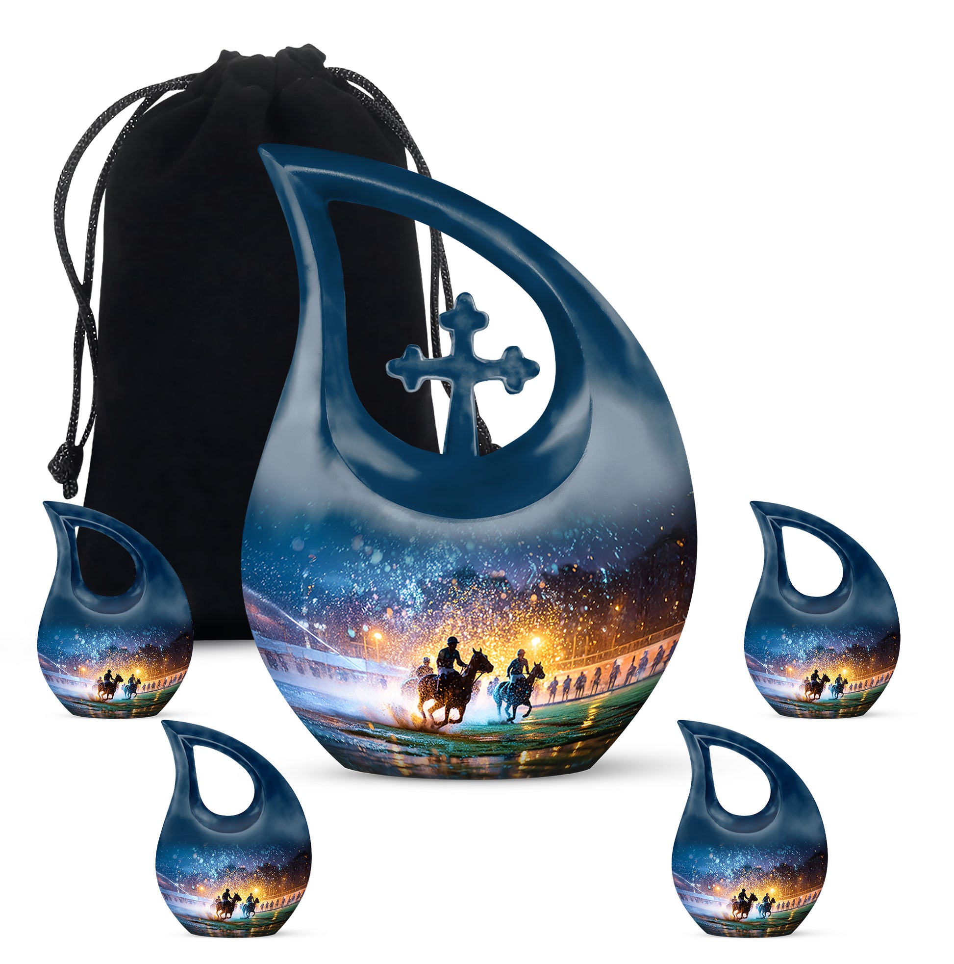 Misty Blue Horse Polo Cremation Urn urn with complimentary velvet bag - sacred cross merged with horse polo motif on metal - memorial set with one large and four small urns