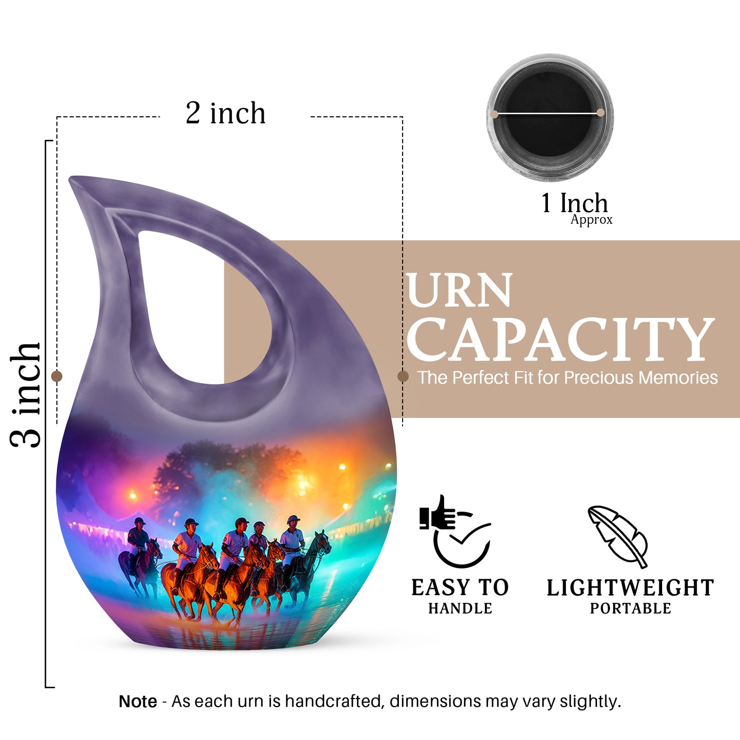 Majestic Purple Horse Polo Cremation Urn back view with polished surface - cross and horse polo combined in spiritual memorial design - mini keepsake memorial for portion of cremation ashes