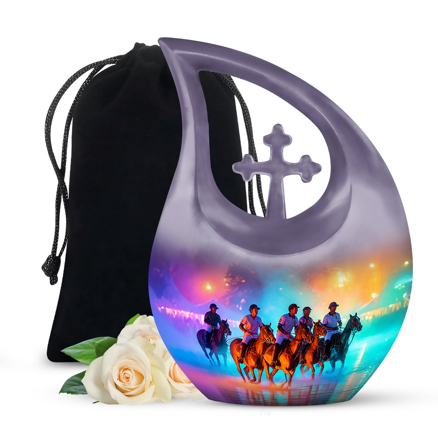Orchid Purple Horse Polo Cremation Urn top-down view of secure threaded lid - sacred cross merged with horse polo motif on metal - full-size 10 inch 200 cubic inch adult cremation urn
