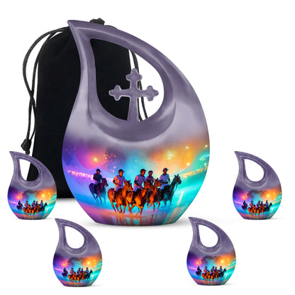 Twilight Purple Horse Polo Cremation Urn urn with complimentary velvet bag - devotional cross-drop horse polo engraving - memorial set with one large and four small urns