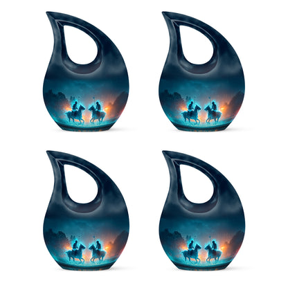 Powder Blue Horse Polo Cremation Urn lifestyle display on memorial shelf - cross and horse polo combined in spiritual memorial design - 10 inch aluminum urn for cremated remains