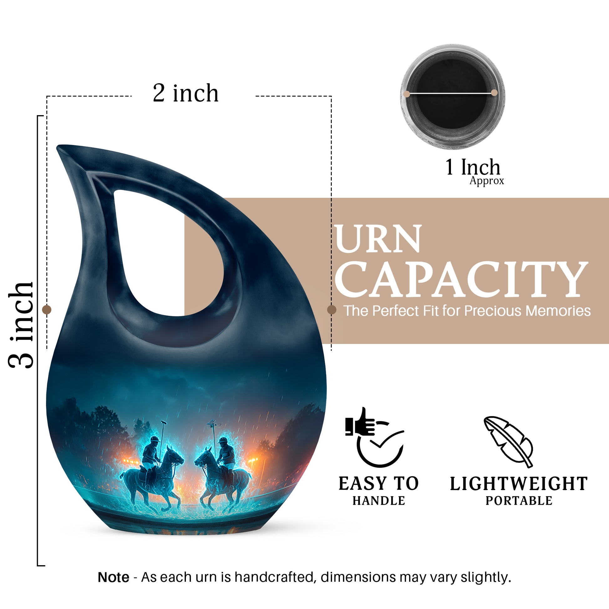 Twilight Blue Horse Polo Cremation Urn back view with polished surface - faith-inspired cross-drop urn with horse polo pattern - mini keepsake memorial for portion of cremation ashes
