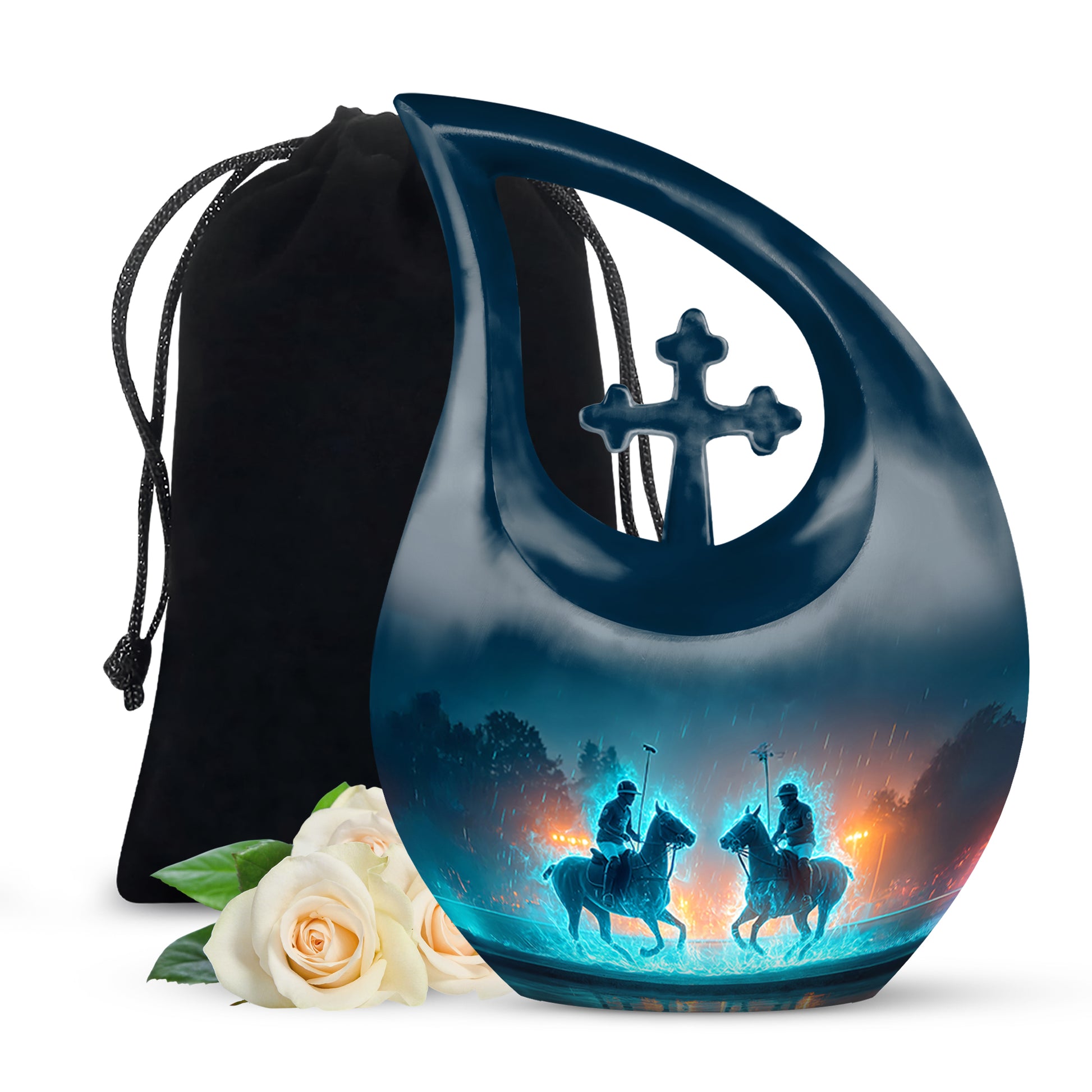 Serene Blue Horse Polo Cremation Urn top-down view of secure threaded lid - devotional cross-drop horse polo engraving - full-size 10 inch 200 cubic inch adult cremation urn