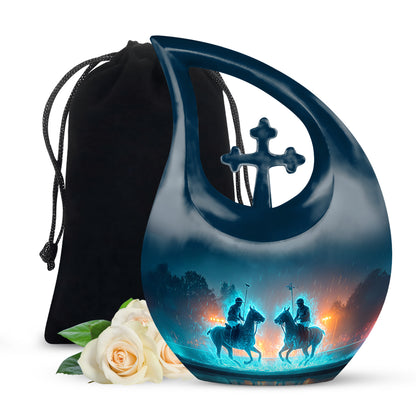 Serene Blue Horse Polo Cremation Urn top-down view of secure threaded lid - devotional cross-drop horse polo engraving - full-size 10 inch 200 cubic inch adult cremation urn