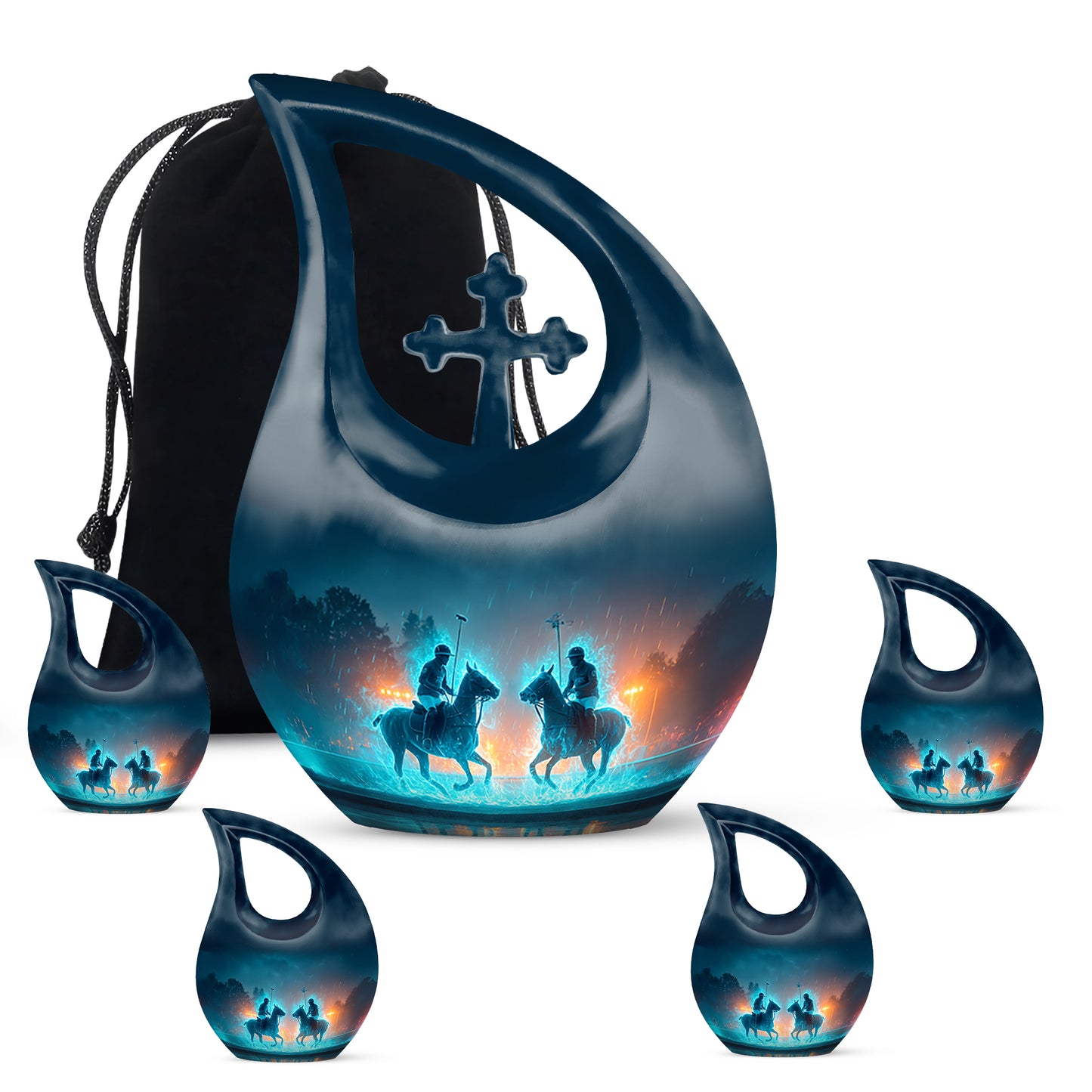 Cobalt Blue Horse Polo Cremation Urn urn with complimentary velvet bag - faith-inspired cross-drop urn with horse polo pattern - memorial set with one large and four small urns