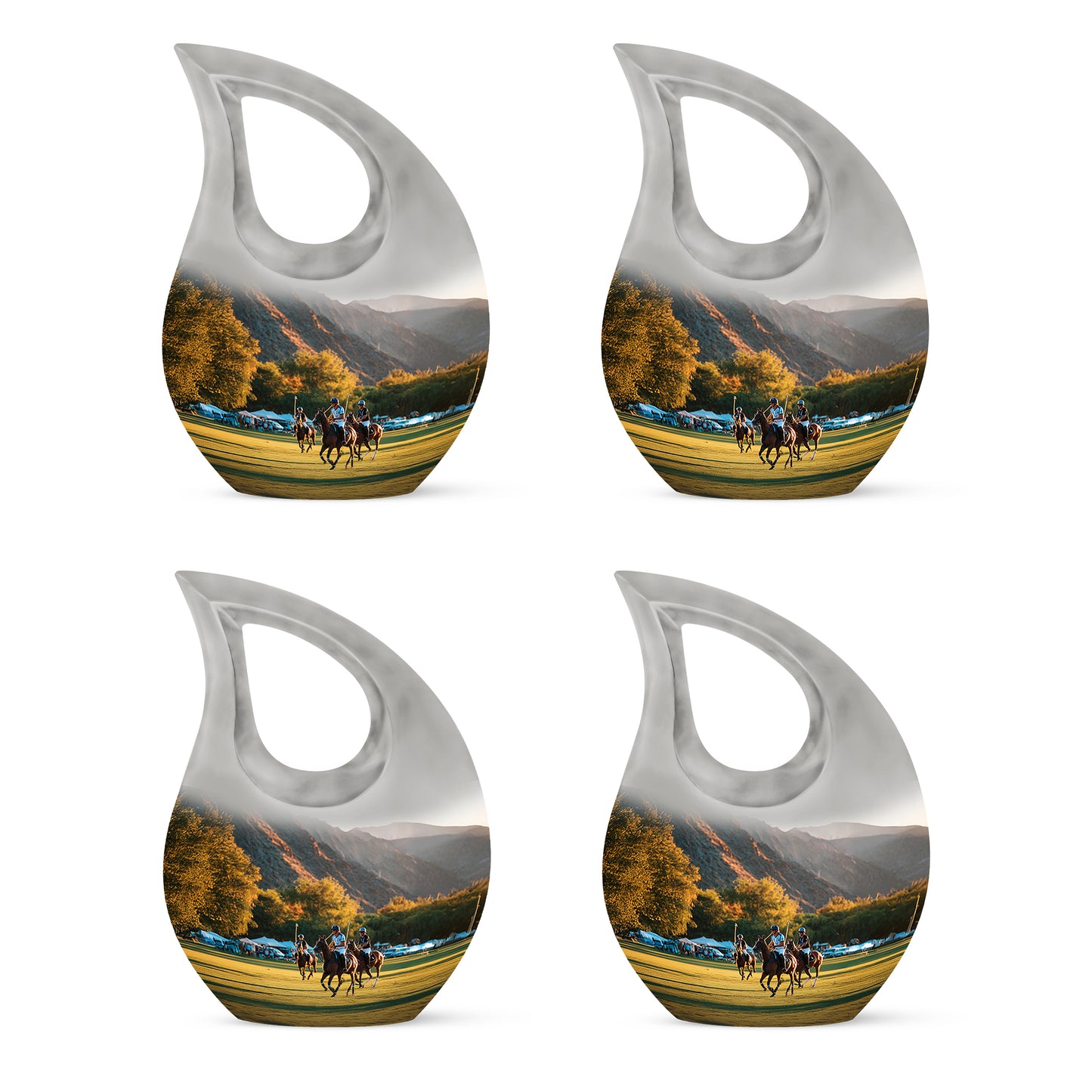 Gleaming Silver Horse Polo Cremation Urn lifestyle display on memorial shelf - cross and horse polo combined in spiritual memorial design - 10 inch aluminum urn for cremated remains