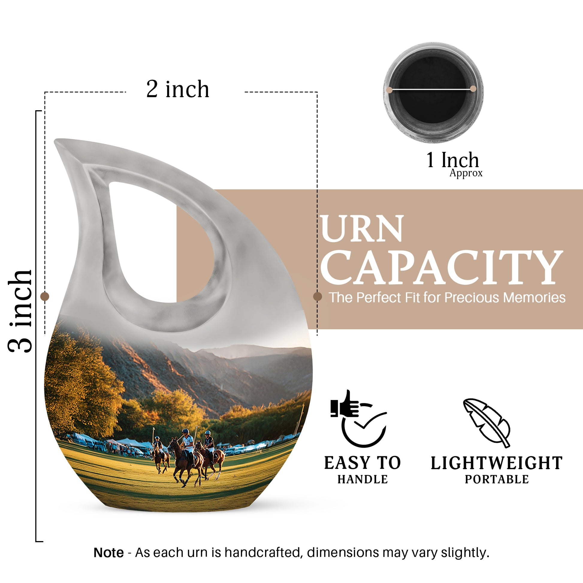 Sterling Silver Horse Polo Cremation Urn back view with polished surface - sacred cross merged with horse polo motif on metal - mini keepsake memorial for portion of cremation ashes