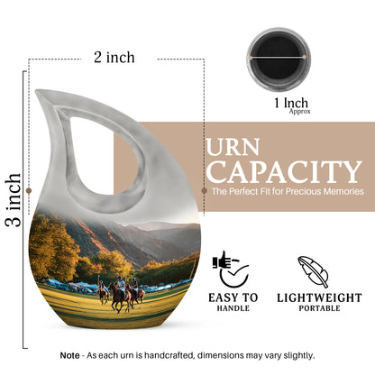 Sterling Silver Horse Polo Cremation Urn back view with polished surface - sacred cross merged with horse polo motif on metal - mini keepsake memorial for portion of cremation ashes