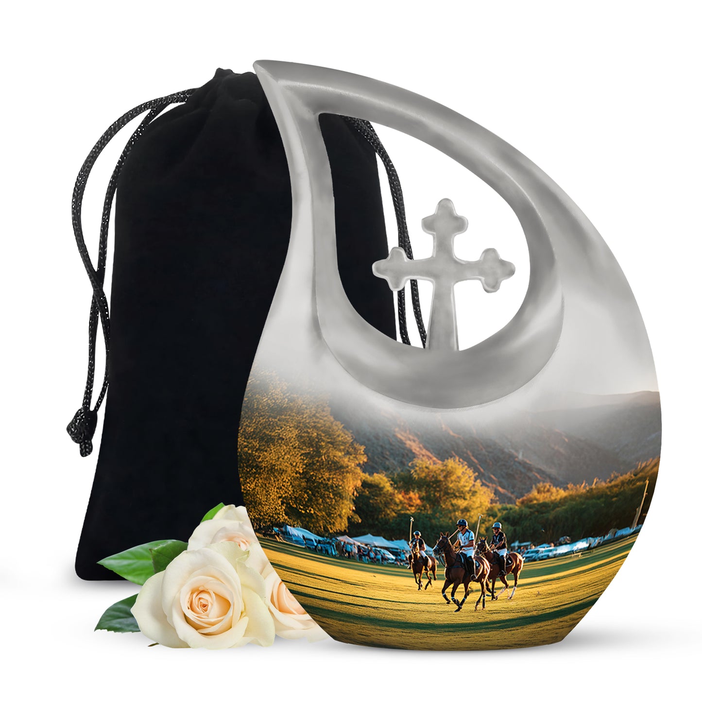 Sterling Silver Horse Polo Cremation Urn top-down view of secure threaded lid - sacred cross merged with horse polo motif on metal - full-size 10 inch 200 cubic inch adult cremation urn