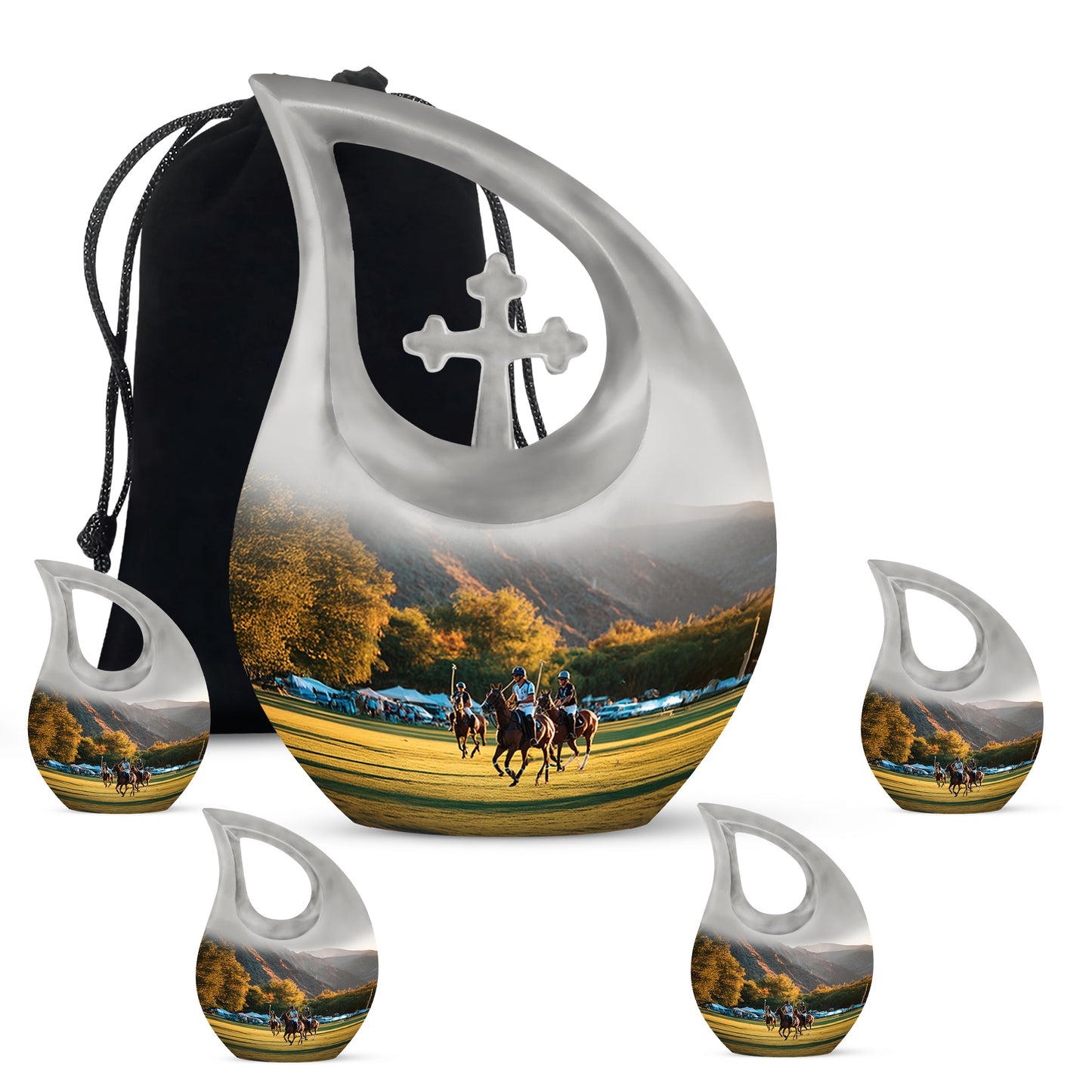 Gleaming Silver Horse Polo Cremation Urn urn with complimentary velvet bag - sacred cross merged with horse polo motif on metal - memorial set with one large and four small urns