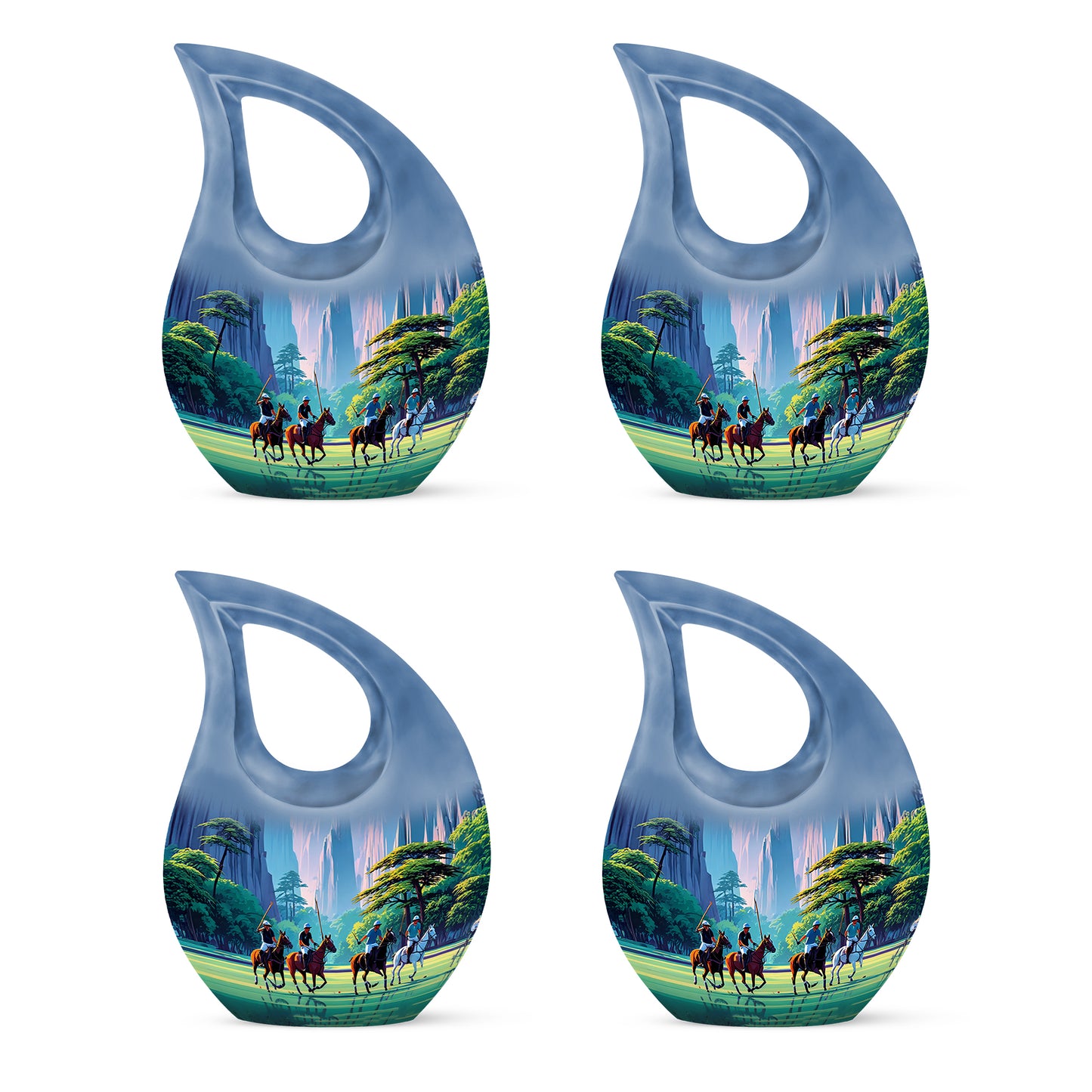 Celestial Blue Horse Polo Cremation Urn lifestyle display on memorial shelf - cross and horse polo combined in spiritual memorial design - 10 inch aluminum urn for cremated remains