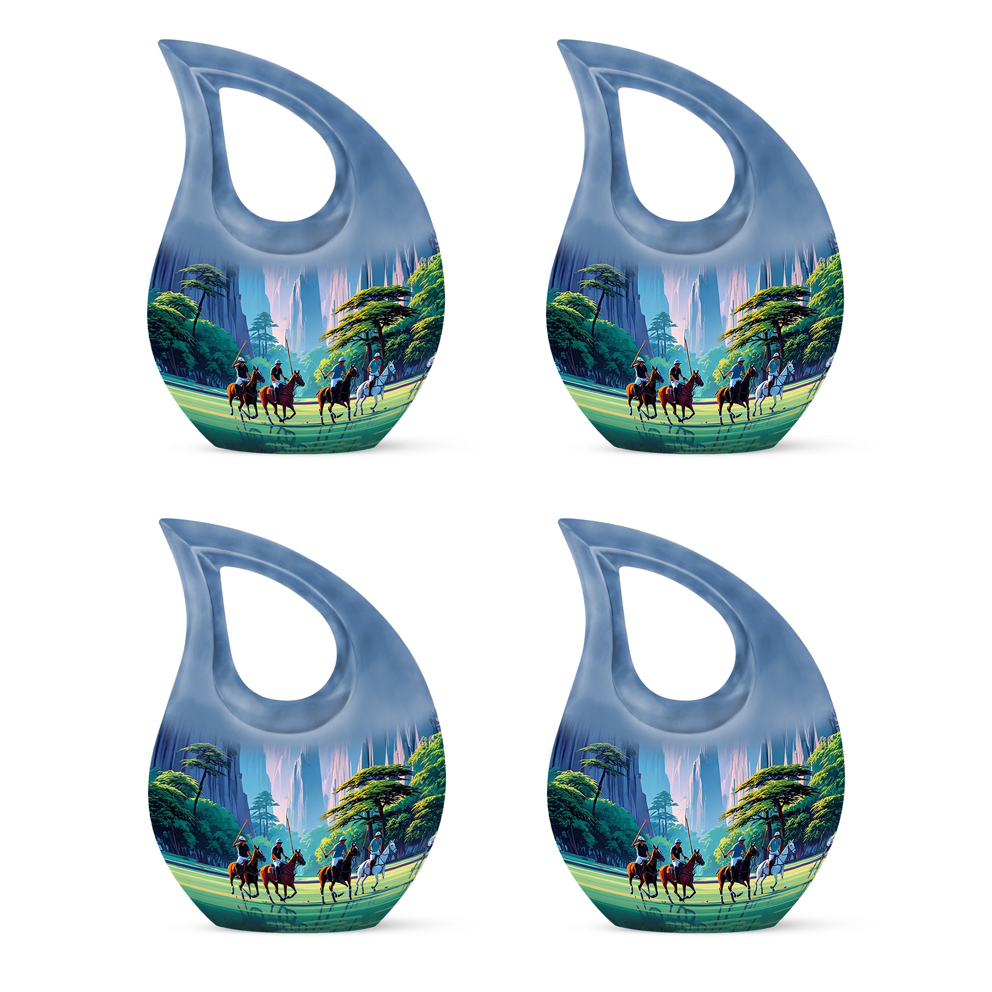 Celestial Blue Horse Polo Cremation Urn lifestyle display on memorial shelf - cross and horse polo combined in spiritual memorial design - 10 inch aluminum urn for cremated remains