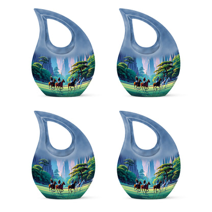 Celestial Blue Horse Polo Cremation Urn lifestyle display on memorial shelf - cross and horse polo combined in spiritual memorial design - 10 inch aluminum urn for cremated remains