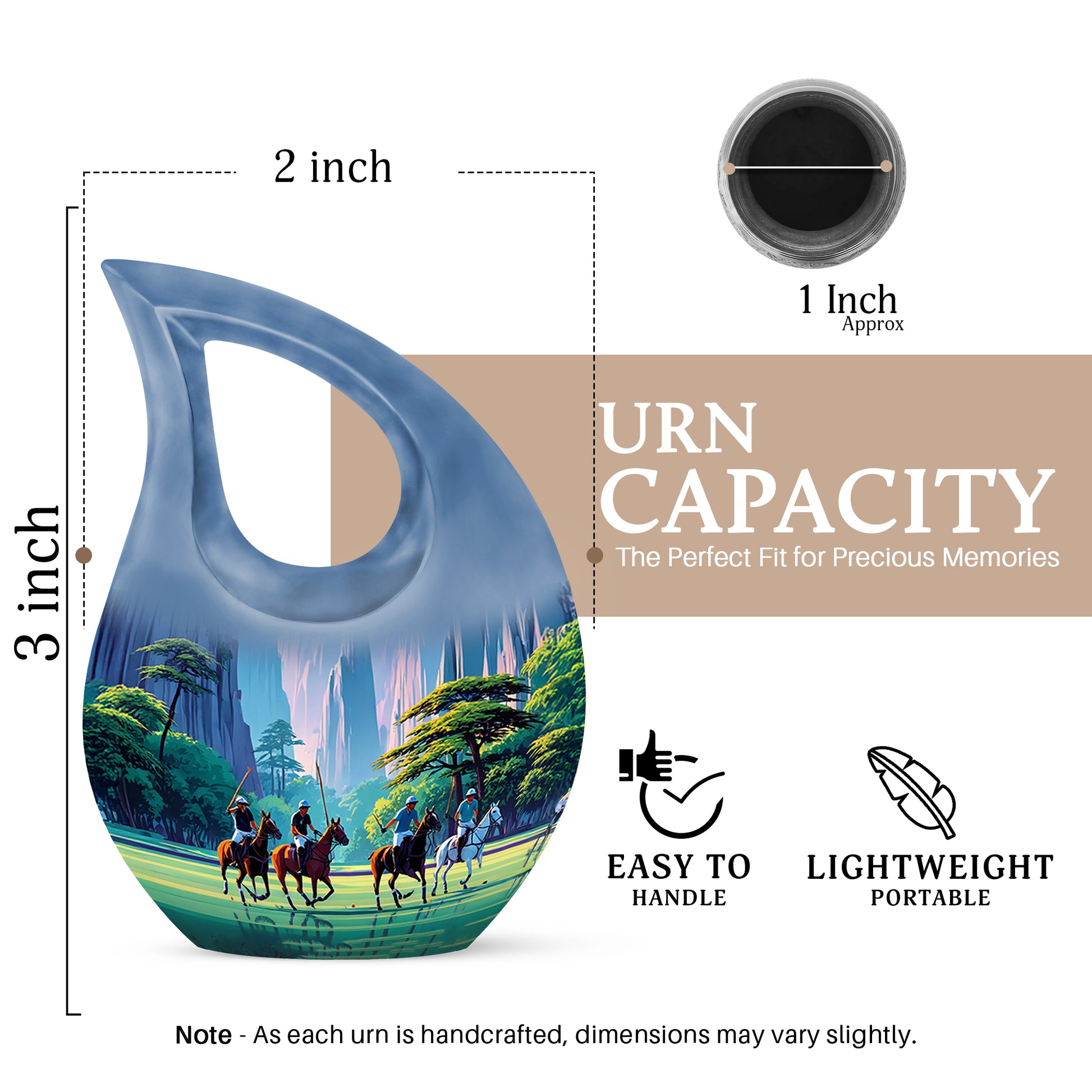 Dusty Blue Horse Polo Cremation Urn back view with polished surface - sacred cross merged with horse polo motif on metal - mini keepsake memorial for portion of cremation ashes