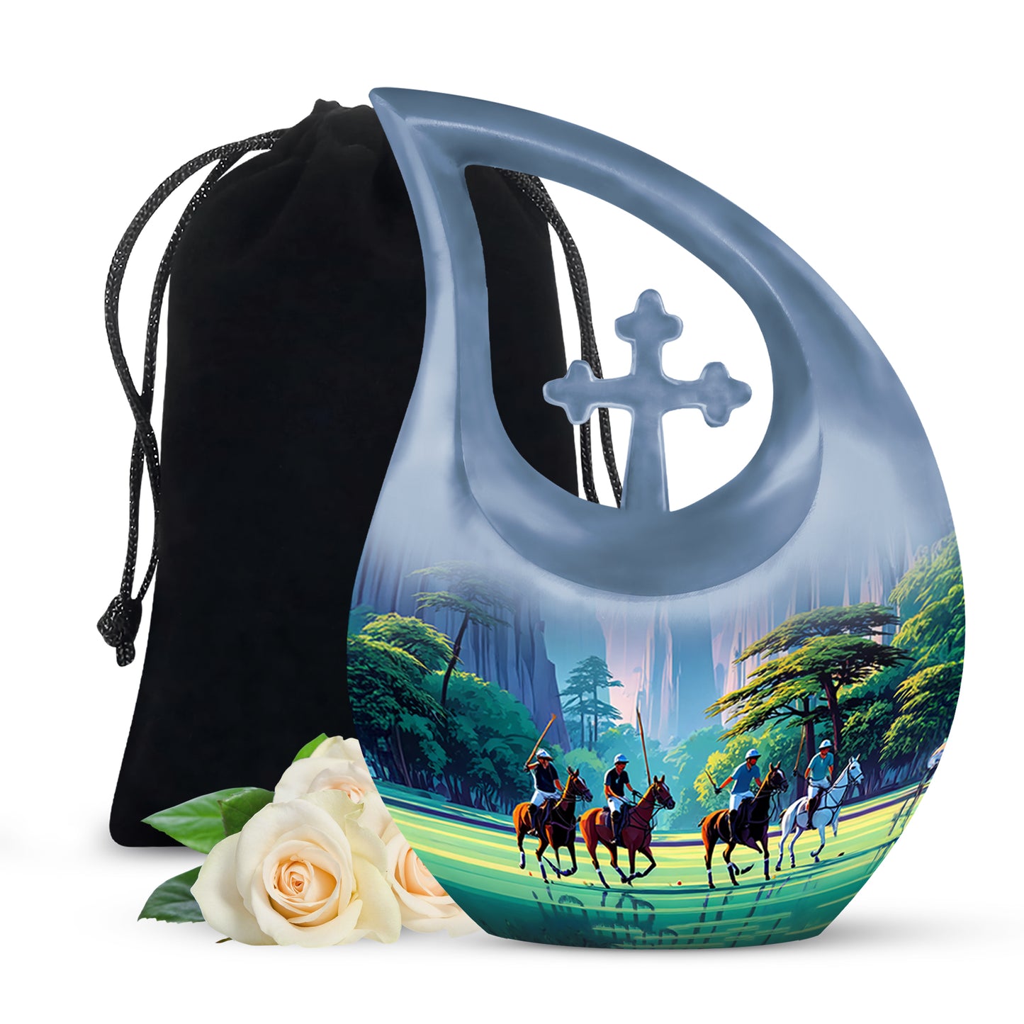 Misty Blue Horse Polo Cremation Urn top-down view of secure threaded lid - cross and horse polo combined in spiritual memorial design - full-size 10 inch 200 cubic inch adult cremation urn