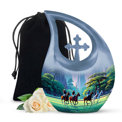 Misty Blue Horse Polo Cremation Urn top-down view of secure threaded lid - cross and horse polo combined in spiritual memorial design - full-size 10 inch 200 cubic inch adult cremation urn
