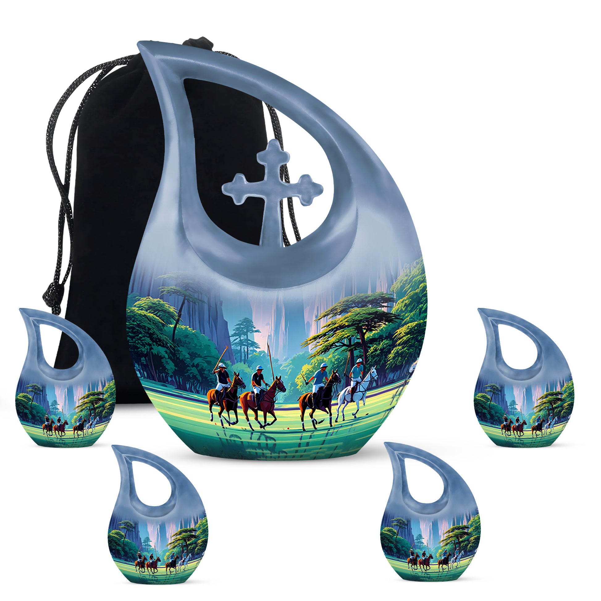 Cornflower Blue Horse Polo Cremation Urn urn with complimentary velvet bag - faith-inspired cross-drop urn with horse polo pattern - memorial set with one large and four small urns