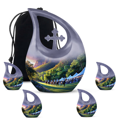 Royal Purple Horse Polo Cremation Urn urn with complimentary velvet bag - devotional cross-drop horse polo engraving - memorial set with one large and four small urns