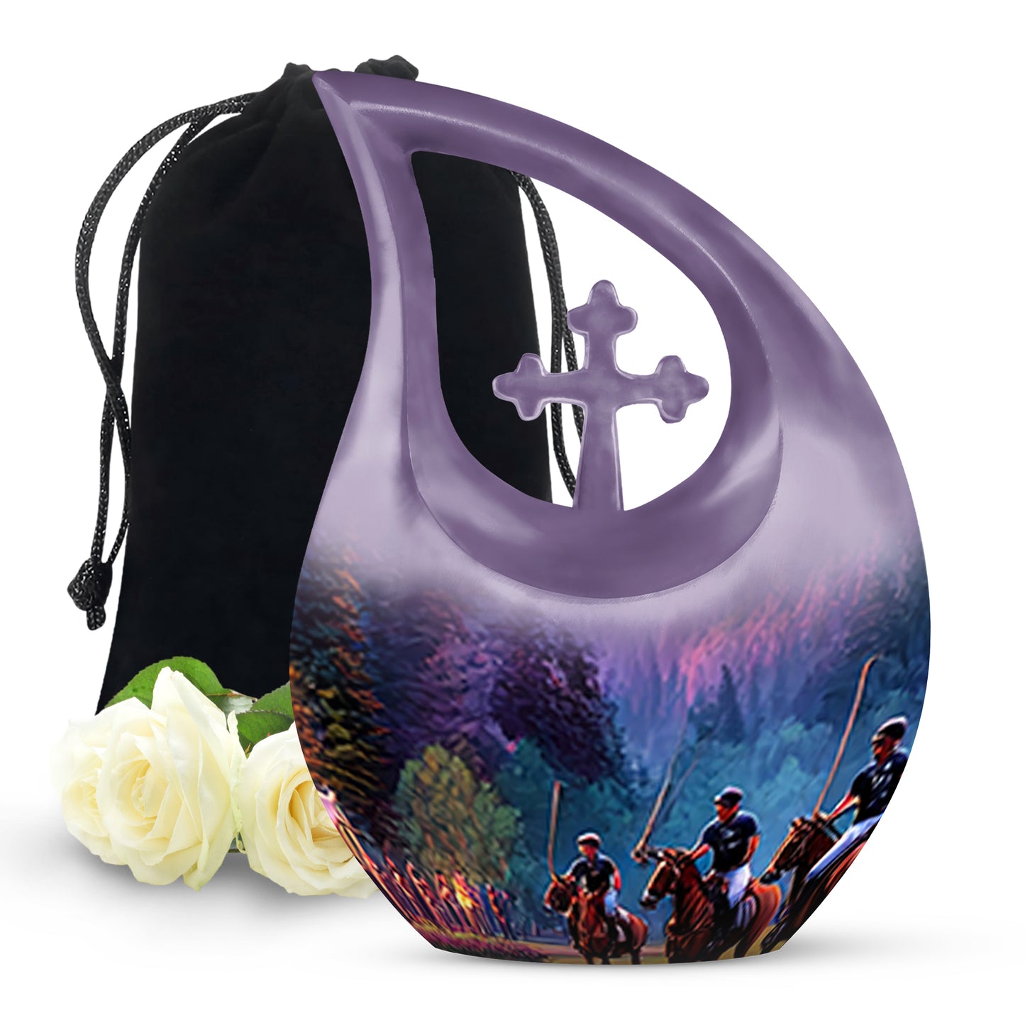 Amber Gold Horse Polo Cremation Urn top-down view of secure threaded lid - sacred cross merged with horse polo motif on metal - full-size 10 inch 200 cubic inch adult cremation urn